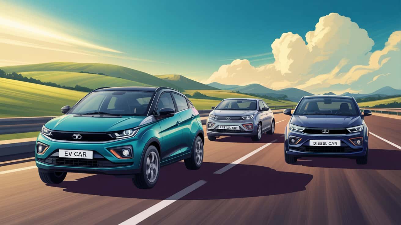 EV car, petrol car, and diesel car driving on an open road with scenic mountains and clouds in the background. Energy-efficient, eco-friendly vehicles in modern design.