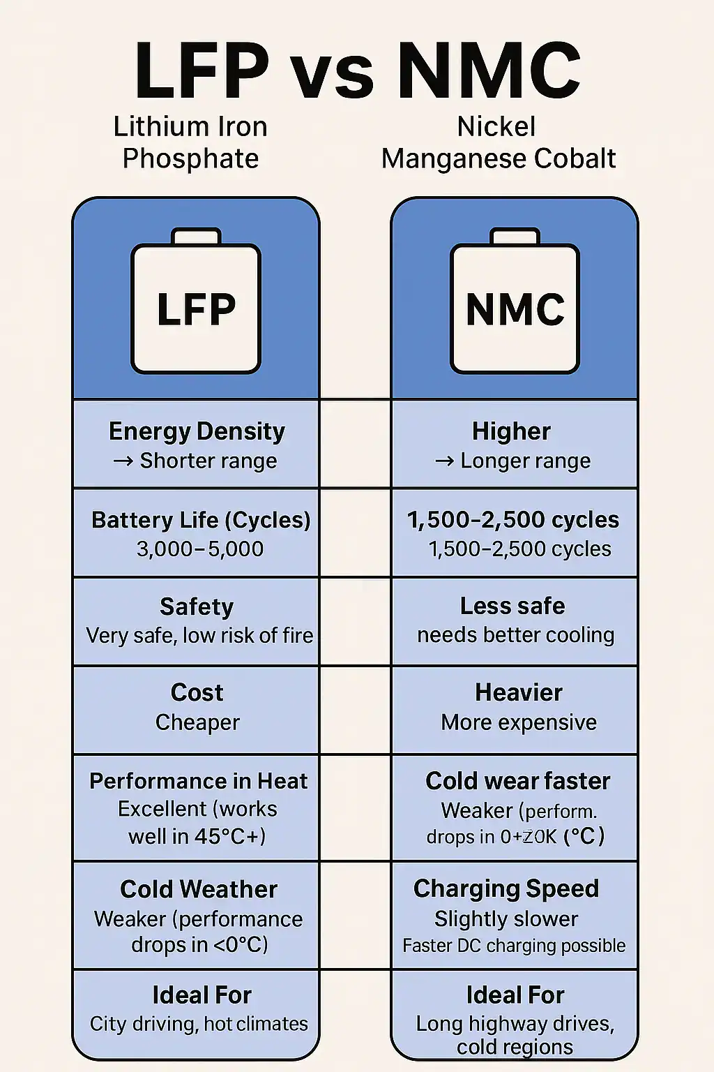 Two electric cars side by side with LFP and NMC labels, representing EV battery comparison for Indian roads