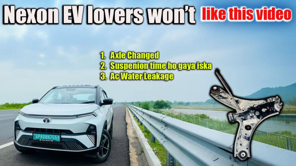 Wheel balancing and tyre rotation during Tata Nexon EV service. Nexon EV car on highway with a damaged suspension component, showing tire and water leakage, highlighting common issues faced by electric vehicle owners.